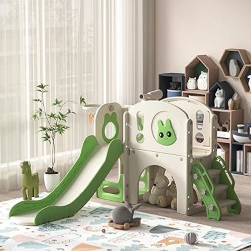 8-in-1 Toddler Slide and Climber Playset, Kids Slide Playground with Stairs, Tunnel, Telescope, Storage, Basketball Hoop and Ball, Indoor Outdoor, 1-3 Years Old, Green