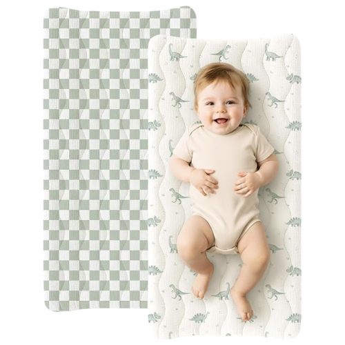 Konssy 2 Pack Quilted Muslin Changing Pad Cover, Waterproof Layer 32" x 16" | 100% Cotton Surface with Silent Protection, Soft Changing Table Sheets, for Baby Boys and Girls (Baby Green Plaid,Green Dino)