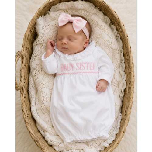 Smocked Baby Sister Layette Gown in White - soft cotton, Baby Gift, baby girl, Coming home from hospital outfit, smocked baby outfit 645 *D