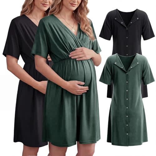 Cutecrop 2 Pack Labor and Delivery Gown for Hospital Maternity Nursing Short Sleeve Gown Button Back Birth Recovery Sleepwear