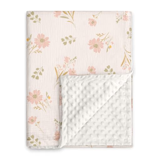 GLLQUEN BABY Muslin Baby Blankets for Boys & Girls, 2-Layer Toddler Blanket | Cotton Top with Dotted Fleece Back, Soft Receiving Blanket for Nursery Stroller Crib, 30''x40'', Pink Floral