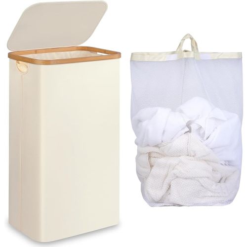 65L Slim Laundry Hamper, Narrow Laundry Basket with Lid,Foldable Clothes Hamper with Bamboo Handles,Hamper Basket with Removable Inner Bag for Laundry Room Bedroom College Dorm,17.17 Gals Beige