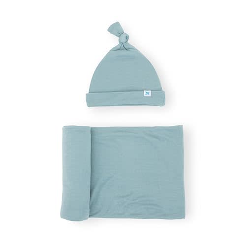 Little Unicorn Stretch Knit Swaddle and Hat Set | Super Soft | Large Baby Blanket for Swaddling, Burping, Nursing | Newborn Infant Beanie Cap | Harbor