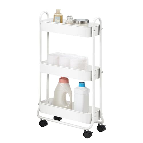 SunnyPoint Slim Rolling Storage Cart, 3 Tier Bathroom Storage Organizer Bathroom, Laundry Utility Cart (White)