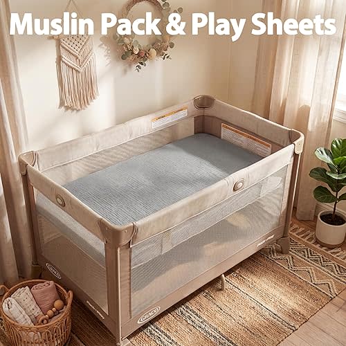 Pro Goleem Muslin Pack n Play Sheets for Boys and Girls, Soft Breathable Cotton Fitted Mini Crib Sheets, Neutral Baby Sheets for Playard Mattress, 2 Pack (Grey&Green)
