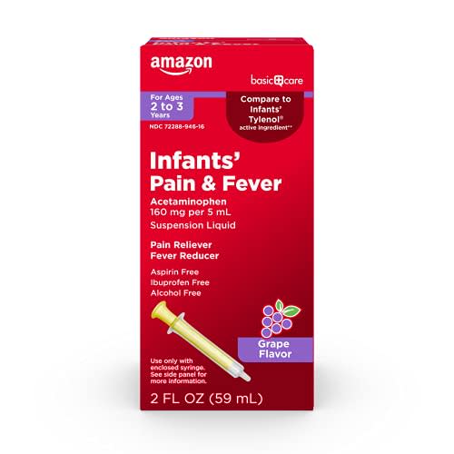Amazon Basic Care Infants' Pain and Fever Oral Suspension, Acetaminophen 160 mg per 5 mL, Fast, Effective Pain Reliever and Fever Reducer for Children, Grape Flavor, 2 fl oz (Pack of 1)