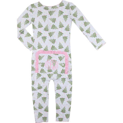 Pink Knit Christmas Tree Print Zipper Pajamas