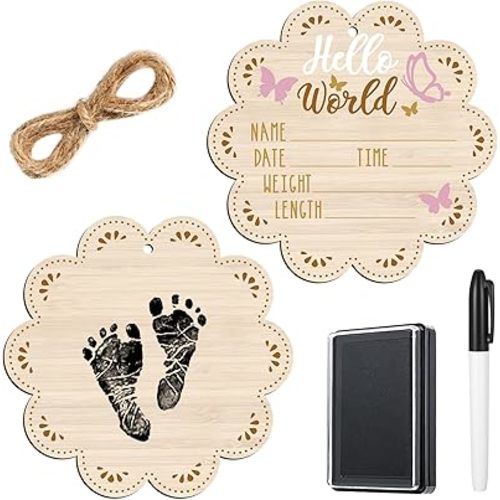 Thyle Baby Announcement Wooden Name Sign for Hospital Birth Double Sided Newborn Welcome Sign with Marker Pen and Ink Pad for Baby Shower Hand Footprints (Pink Butterfly)