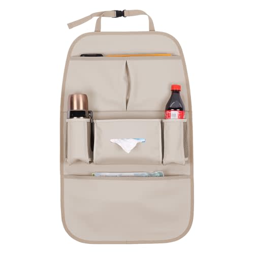 Car Backseat Organizer for Kids, Car Back Seat Storage Bag With 3 Pockets, 2 Drinks Holders, Water Resistant, Kids Toy Storage Kick Mat Back Seat Protector for Toddlers (Beige 1-Pack)