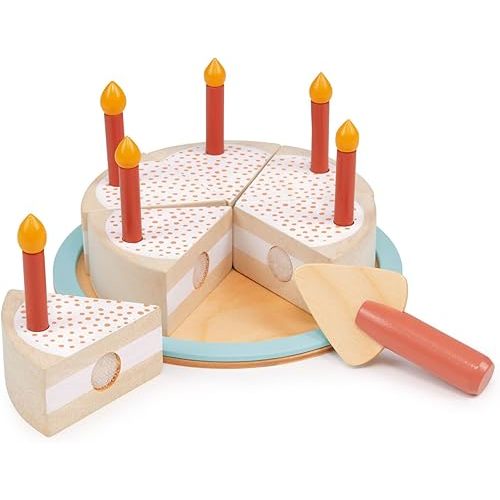 Mentari Toys - Party Cake - 14pc Wooden Cutting Cake with Cake Slicer and Candles - Pretend Play Toy Food - Encourage Role Play and Develop Social Skills - Gift for Toddlers - Age 2+