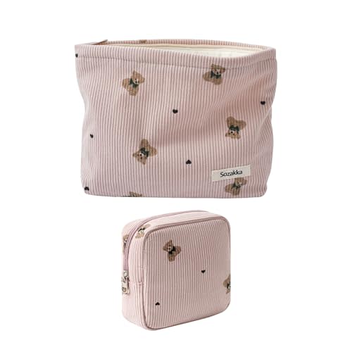 uekeboag 2Pcs Cute Small Soft Corduroy Zipper Makeup Bag for Purse, Coquette Aesthetic Pouch with Bear Pattern for Women Girls, Kawaii Travel Cosmetic Bags（Pink Set）
