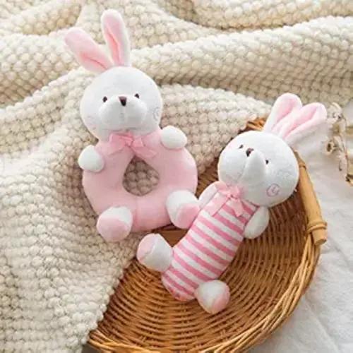 Plush Baby Soft Rattle Toys, Pink Bunny for Infants, First Stuffed Animal Shaker Set for Newborns, Soft Ring Sensory Toys for Infant Boys Girls, Baby Shower Gifts, 2 PCS