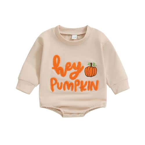 Newborn My First Halloween Baby Outfit Hey Pumpkin Ghost Bubble Romper | Newborn Halloween Outfit Long Sleeve Crewneck Sweatshirts Fuzzy Embroidery Fall Halloween Baby Clothes 0 3 6 12 18 Months