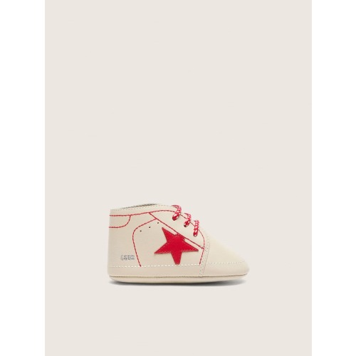 Baby New Born in white leather with red star and stitching