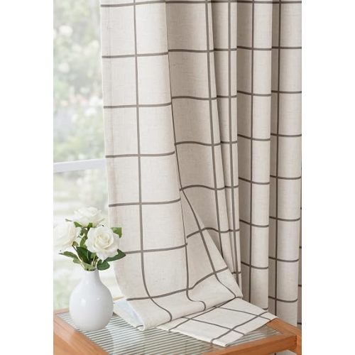 THREE GIRLS Pinch Pleated Plaid Curtains Blackout Linen Gingham Brown Curtains for Living Room,Bedroom Checkered 72 Inches Long Double Layer 2 Panels Set Luxury and Modern Printed Design Darkening