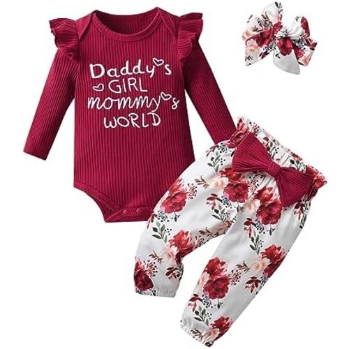 Newborn Baby Girls Clothes Outfits Infant Ribbed Ruffle Romper Long Sleeve Shirt Floral Pants Headband 3pcs Set