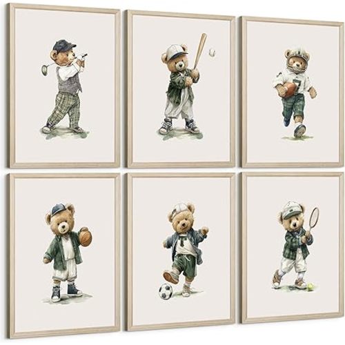 Teddy Bear Nursery Wall Art Sage Green Baby Boy Canvas Wall Decor Vintage Sports Nursery Prints Teddy Bear Pictures Golf Painting Kids Sports Artwork for Toddler Bedroom 8x10 Inch Unframed Set of 6