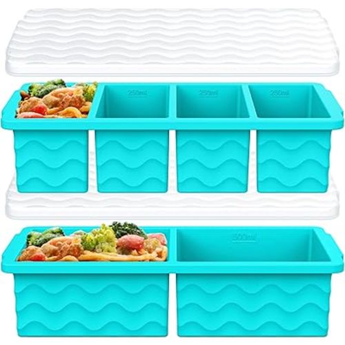 Silicone Freezer Trays with Lid for Soup, 1-Cup & 2-Cup Large Ice Cube Molds Food Storage Containers for Meal Prep, Freeze 500mL/250mL/125mL Portions – 2 Pack