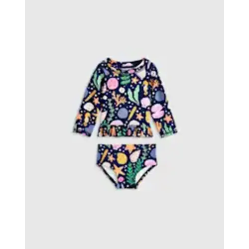 Long Sleeve Ruffle Rash Guard Two-Piece Swimsuit - Baby Girl in Navy Seashells