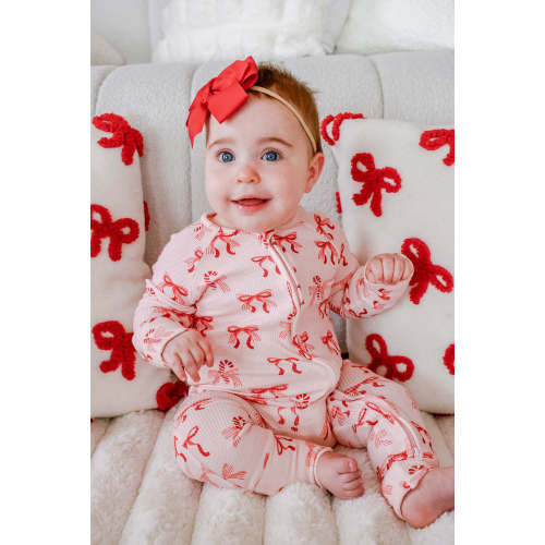 Christmas Bamboo Waffle Convertible Zipper Romper in Peppermint Bows | Caden Lane