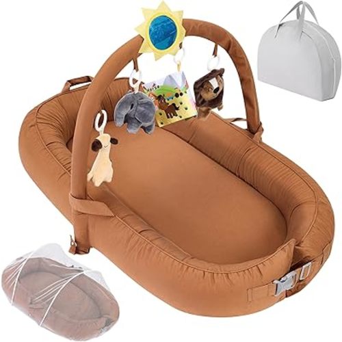 Portable Baby Lounger For Travel,Breathable & Comfortable 100% Cotton Infant Lounger, Baby Nest 0-24 months Machine-Washable Newborn Lounger,Newborn Essentials (Brown, Baby Lounger With Toys)