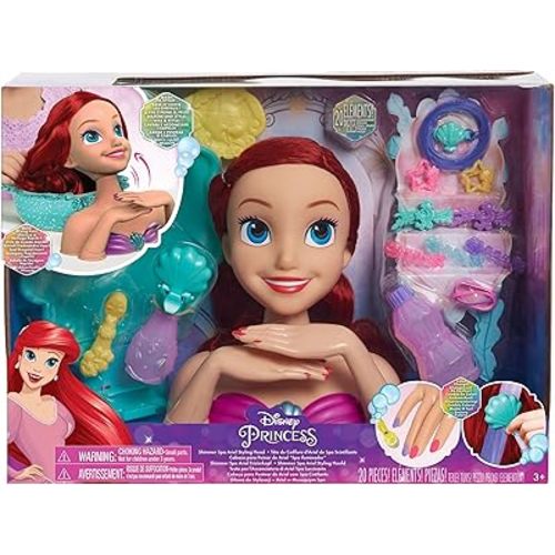 Disney Princess Shimmer Spa Ariel 8-inch Styling Head, 20-Pieces, Red Hair, Pretend Play, Kids Toys for Ages 3 Up by Just Play