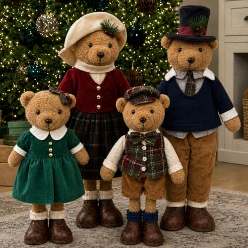 Christmas Decorations - Plush Bear Family Set of 4 - Indoor Home Decor | Classic Heritage Christmas Style, Tartan & Plaid Details, Adjustable Legs, Holiday Xmas Decor, Kitchen Table Mantle Use