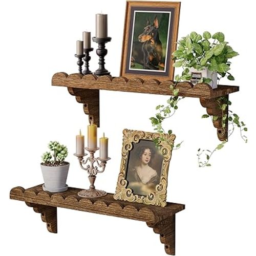 Scalloped Wood Wall Shelf – 17 Inch Floating Shelf with Wood Brackets, Easy to Install Rustic Wall Shelf for Living Room, Bedroom, Bathroom, or Any Space