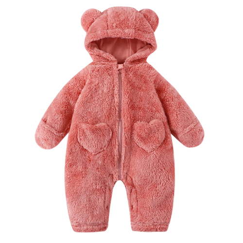 CUZIBR Baby Girl Winter Outfits Winter Warm Hooded Fuzzy One-Piece Jumpsuit Zipper Up Long Sleeve Soft Cozy Plush Rompers Girls' Clothing Sets,Pink,0-3 Months