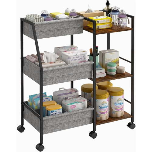 Baby Diaper Caddy Organizer Cart, 3-Tier Rolling Wheels Cart with Dividers and Shelves, Bedside Utility Cart for Nursery Essentials, Large Capacity Mobile Storage Cart for Crib, Bedroom