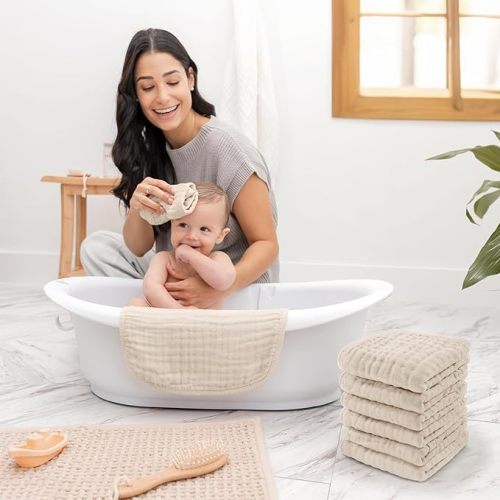 Comfy Cubs Muslin Baby Washcloths 6 Pack - Soft 6-Layer Cotton Wash Cloths for Sensitive Skin - 10"x10" Large, Gentle, Absorbent Infant Essentials for Newborn and Toddlers - Sand