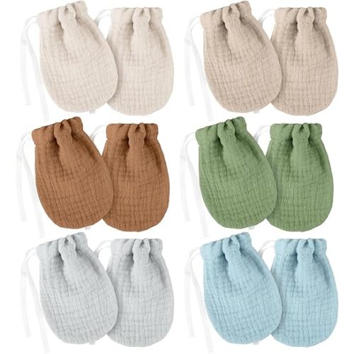 6 Pairs Newborn Baby Muslin Mittens No Scratch 100% Cotton Soft Breathable Infant Gloves with String 0 12 Months