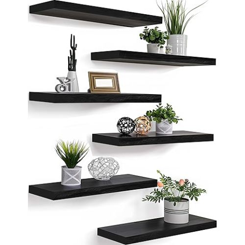 PHPH Wood Floating Shelves for Wall, Wooden Wall Shelves for Bedroom, Set of 6 Black 17 Inch