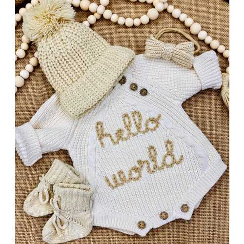 Embroidered "Hello World" Newborn Baby Outfit: Knit Romper, Hat & Booties