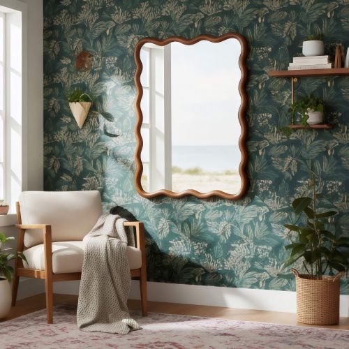 KTMBDW Curved Wood Frame Accent Mirror, Farmhouse French Country Decorative Wall Mirror, Rectangle 30"L x 40"W, Dark Walnut