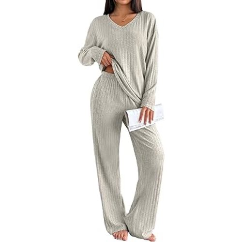 Ekouaer Lounge Sets for Women Long Sleeve Knit Ribbed Pajama Sets 2 Piece Casual Loungewear with Pockets