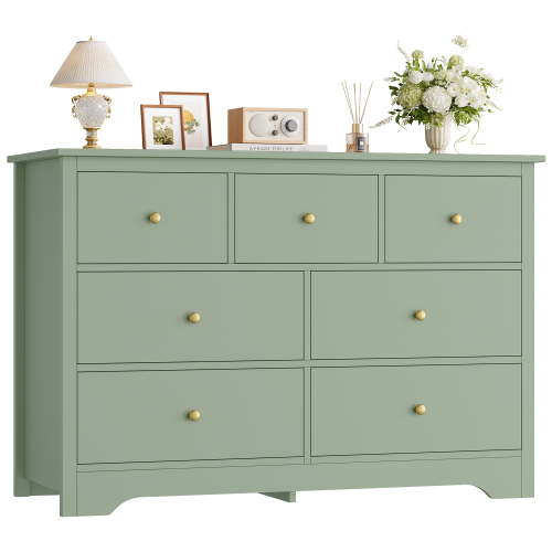 Homfa 7 Drawer Double Dresser, 47.2"W Contemporary Wood Chest of Drawer Storage Cabinet for Bedroom Living Room, Green