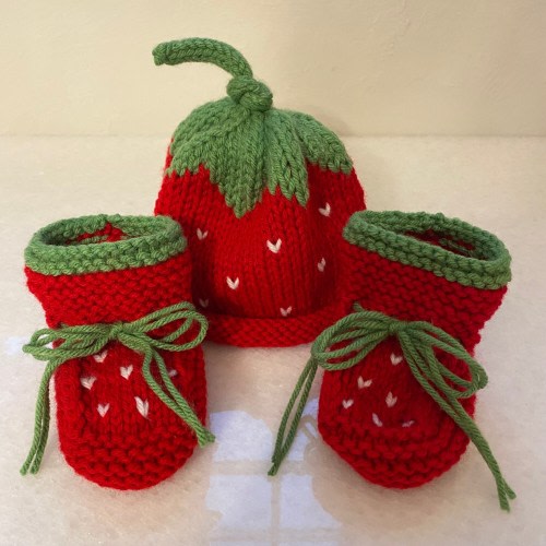 Knit baby hat booties set; red strawberry, fruit, berry; girls; newborn infant; crib shoes beanie cap; handmade knitted crochet shower gift