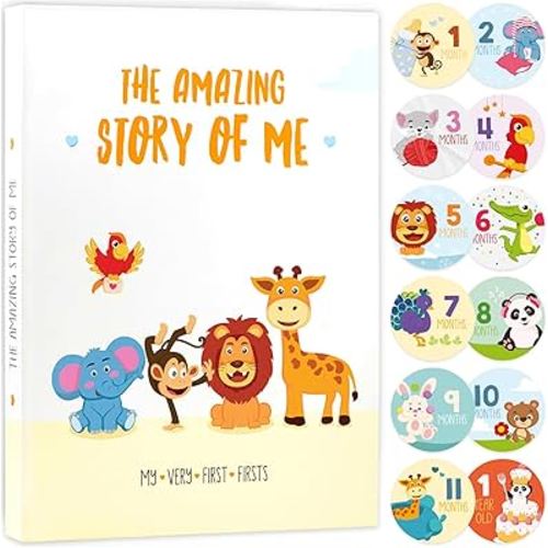 KiddosArt Baby Memory Book. Keepsake Journal, Scrapbook, Photo Album. Record Your Girl or Boy Memories and Milestones of the First 5 Years on 72 Beautiful Pages. 12 Monthly Stickers Included.