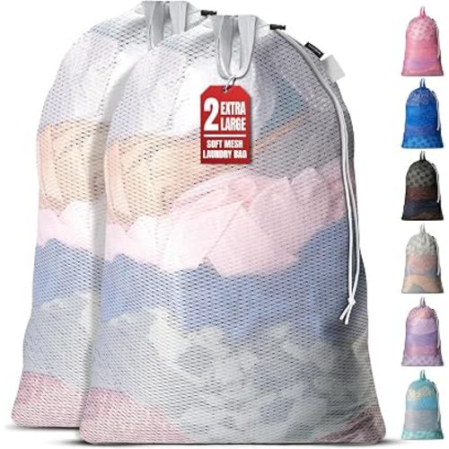 Mesh Laundry Bags 24 x 36 Inches, 2-Pack - Handy Laundry Extra Large Heavy Duty Bag with Drawstring, Handles, Breathable Machine Washable Wash Sack for Dorm, Travel, Hamper Liner