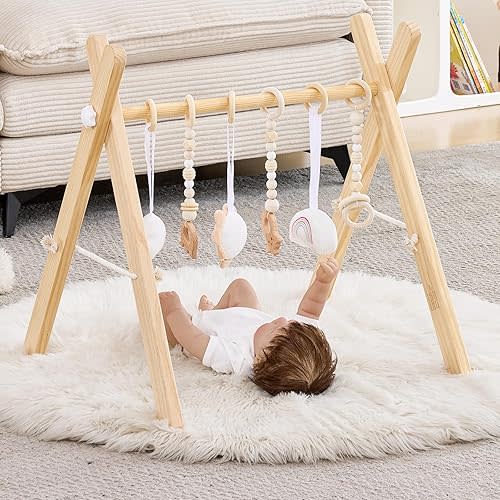 Foldable Wooden Baby Play Gym, Activity Center with 6 Sensory Hanging Toys Natural Wood Montessori Toys for Babies Indoor Gym, No-Tool Assembly Newborn for Infant Motor Development