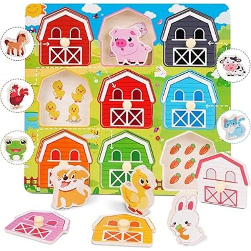 Toddler Wooden Puzzles Ages 1-3, Montessori Toys for 1 2 3 Year Old Boys Birthday Gifts, Farm Animal Peg Puzzles for Toddlers Age 2-4 Girls - Preschool Learning Activities