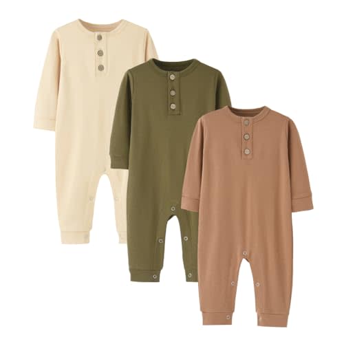 Bafeicao 3 Pack Unisex Newborn Baby Boy Girl Rompers Cotton Long Sleeve Button Jumpsuit One-Piece Clothes Outfits