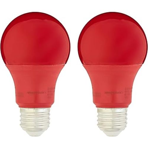 Amazon Basics Bombillas LED A19 color rojo para fiestas, equivalente a 60 vatios, eficiencia energética, base estándar E26, no regulable, vida útil de 10,000 horas, paquete de 2