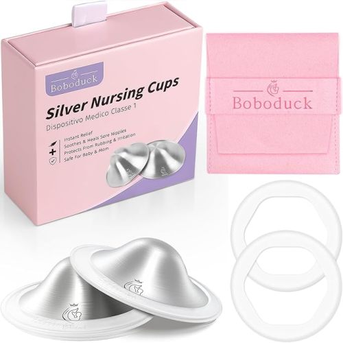 Boboduck 925 Silver Nipple Covers Breastfeeding - The Original Silver Nursing Cups - Protect and Soothe Sore Nipples - Silver Nipple Shield Guards with Soft Silicone Ring