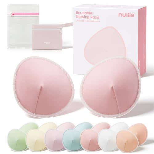 Nuliie Reusable Nursing Pads, 3D Contour Fits Secure, Thick, 14 Pack | Washable Soft Breast Pads for Leaking Milk with Laundry Bag & Wet Bag, Super Absorbent, Discreet, Breastfeeding Essentials