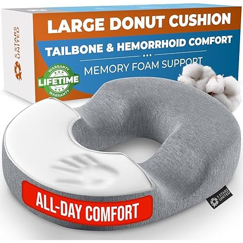 5 STARS UNITED Donut Pillow Hemorrhoid Tailbone Cushion – Large Cushion for Pain Relief – Coccyx, Prostate, Sciatica, Pelvic Floor, Pressure Sores, Pregnancy, Postpartum Recovery, Gray