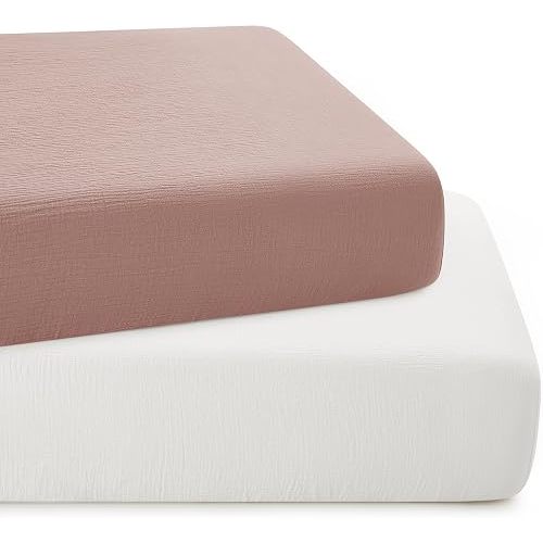 Horbaunal 2 Pack Muslin Crib Sheets for Baby, 52" x 28", Pink & White