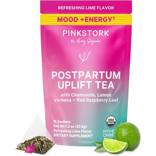 Pink Stork Postpartum Uplift Mood Support Tea: Hormone Balance for Women After Pregnancy, Chamomile Tea with Red Raspberry Leaf for Postpartum Recovery - Postpartum Essentials - Caffeine-Free, 15 Sachets