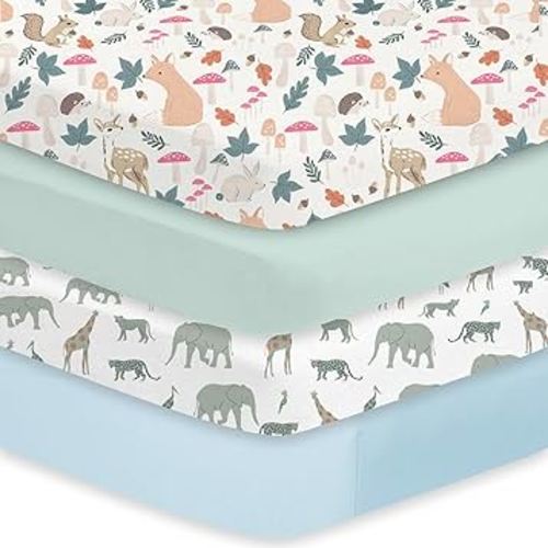 Little Grape Land Crib Sheets 4 Pack for Boys and Girls, Baby Neutral Crib Fitted Sheets for Standard Crib & Toddler Mattress, Super Soft Breathable Fitted Crib Sheet Set, Safari & Squirrel